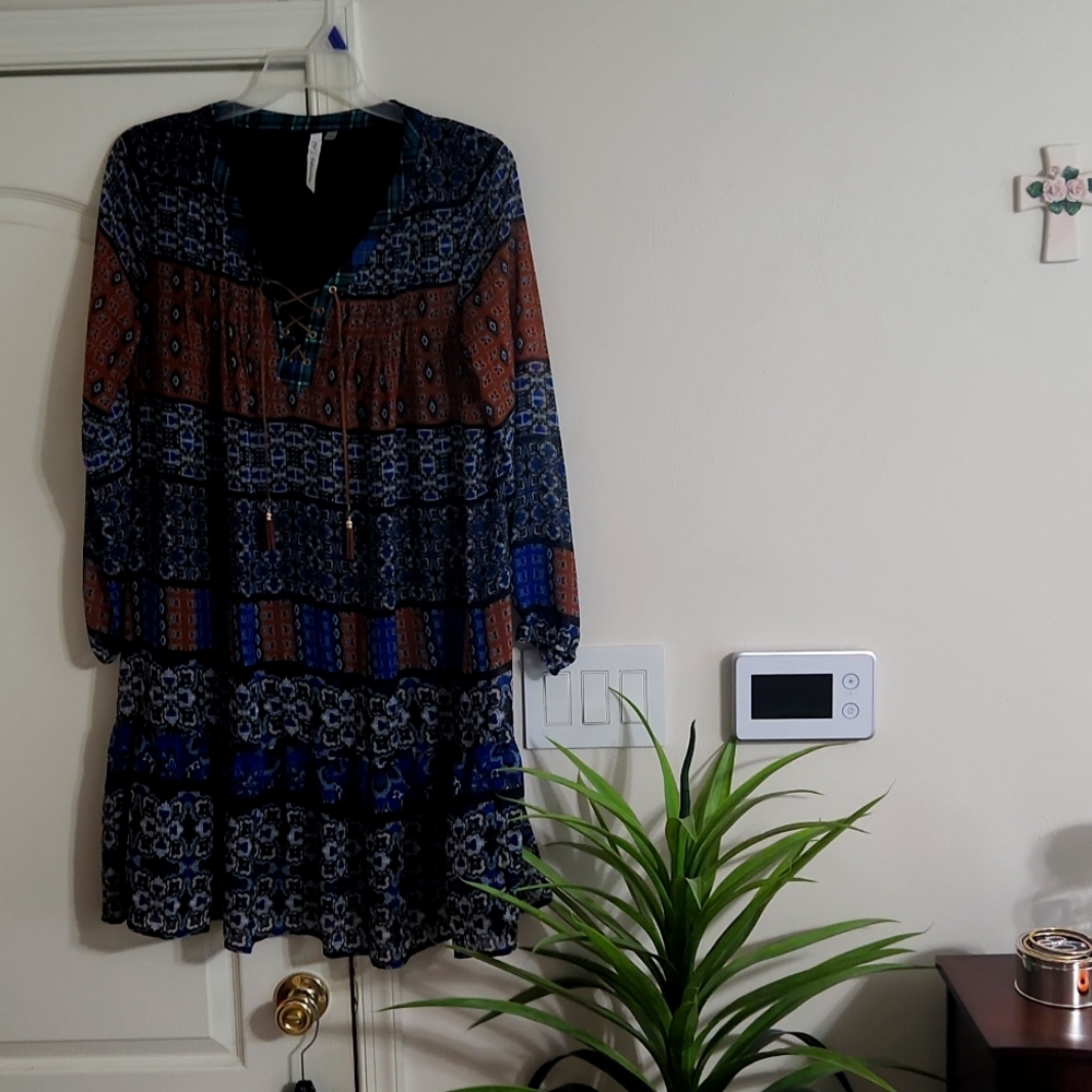 Size L multi color dress long sleeves with crisscross tie strings and V-neck$12.